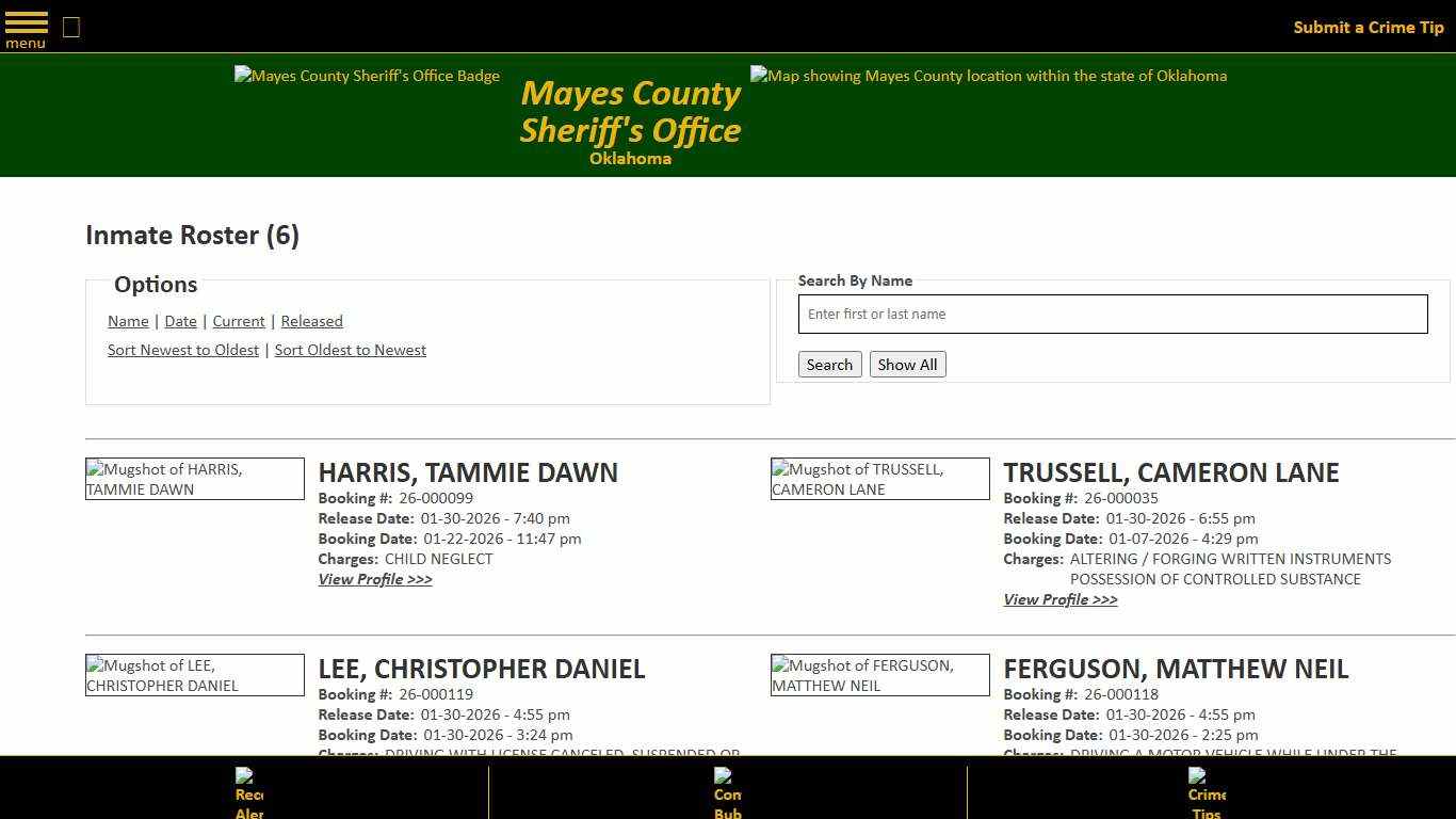 Inmate Roster - Released Inmates Booking Date Descending - Mayes County, OK Sheriff